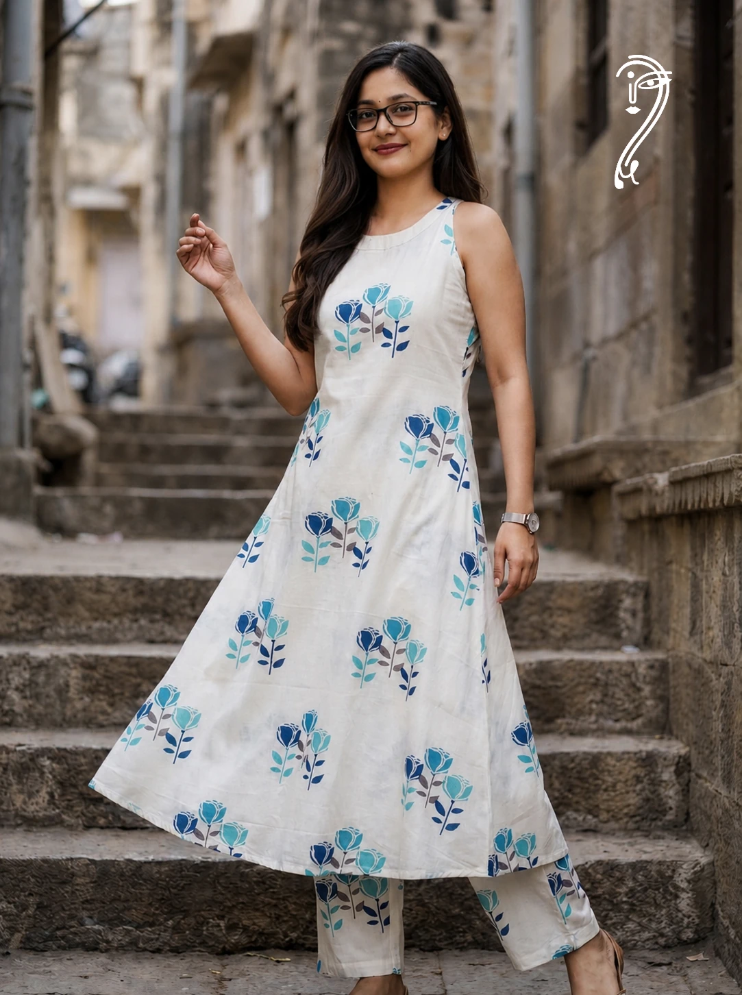 Mridula Blue Bloom cotton kurta pant set with A-line halter neck kurta and side pockets