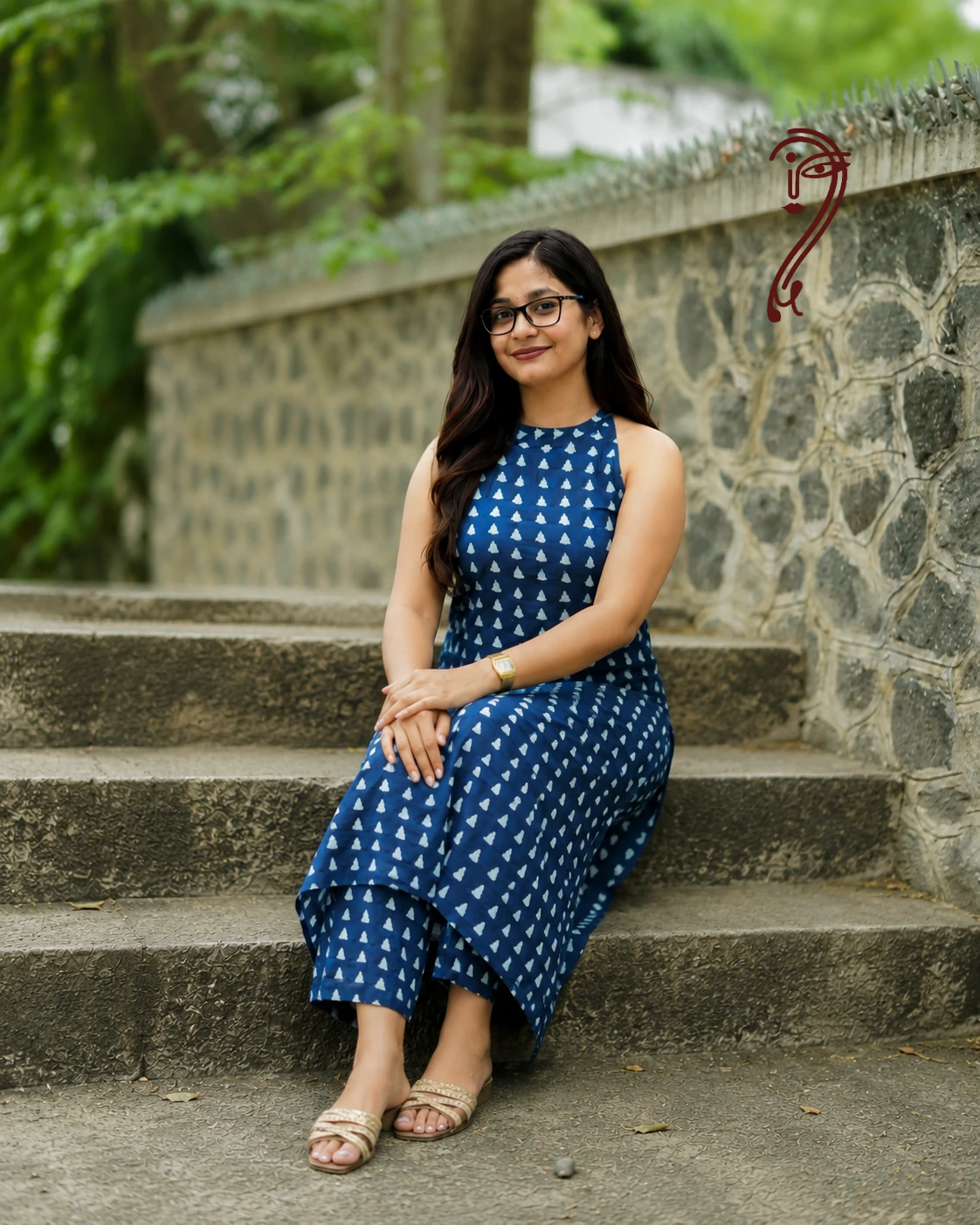 Woman seated wearing indigo cotton kurta pant set with halter neck