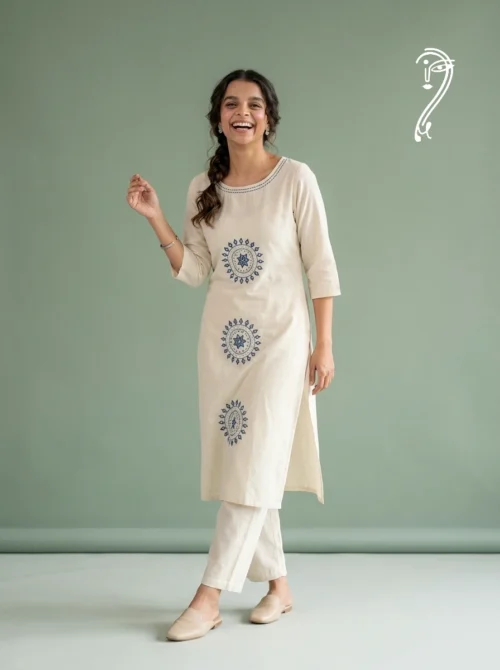 Mridula embroidered cotton kurta pant set full front view