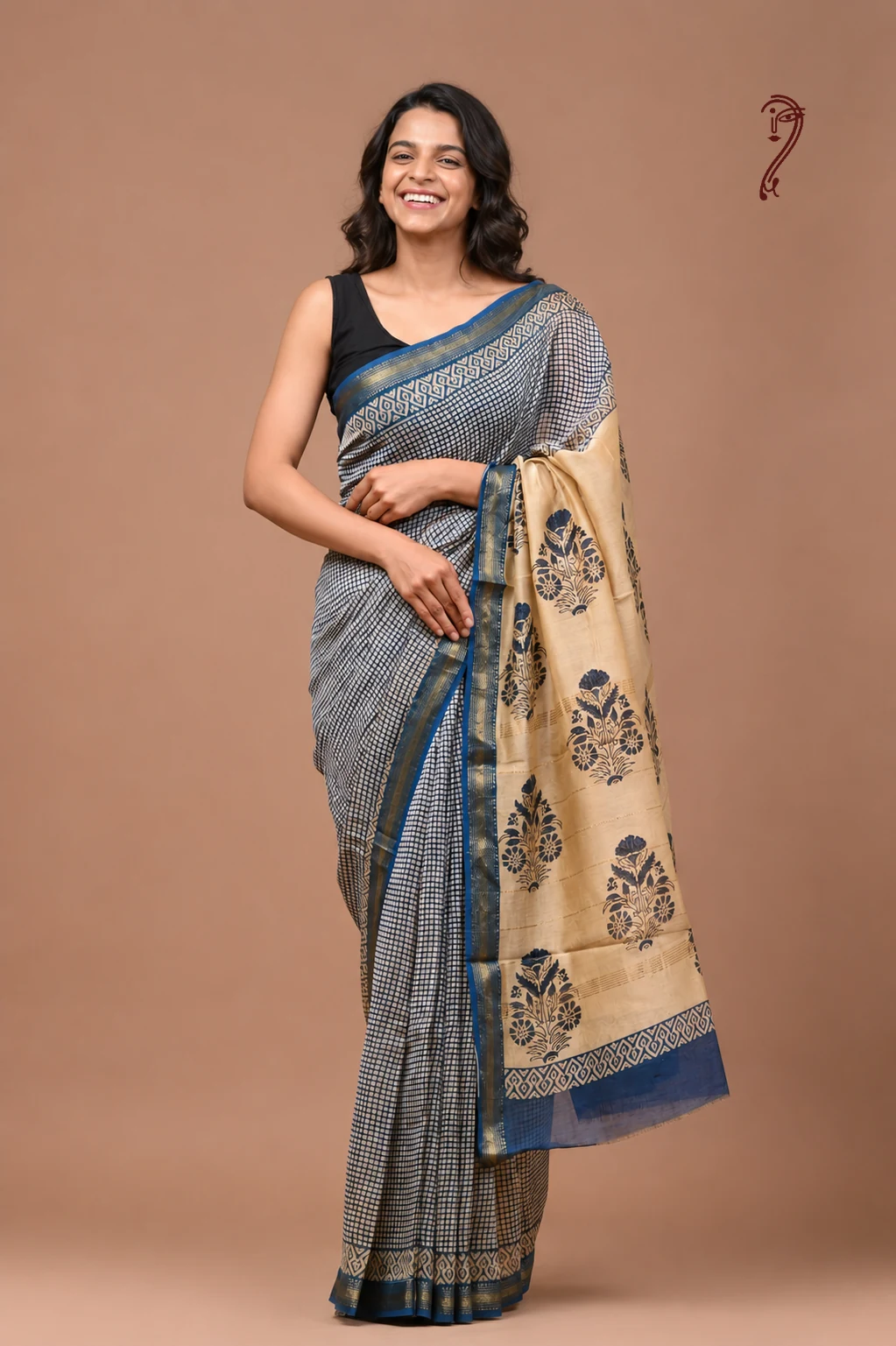 Front view of navy blue checks Maheshwari cotton silk saree with floral beige pallu