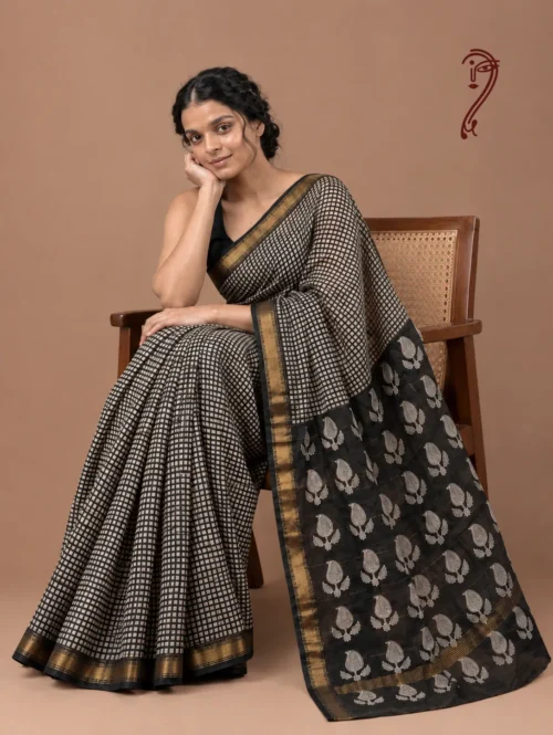 Black checks Maheshwari cotton silk saree with ivory paisley block-print pallu and gold zari border