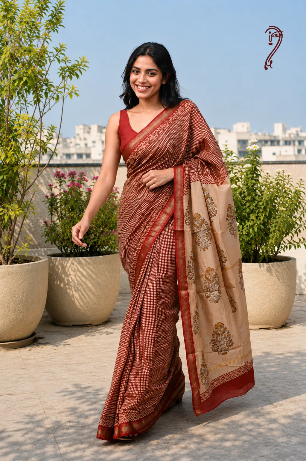 Full length maroon checks Maheshwari cotton silk saree with beige floral handblock printed pallu