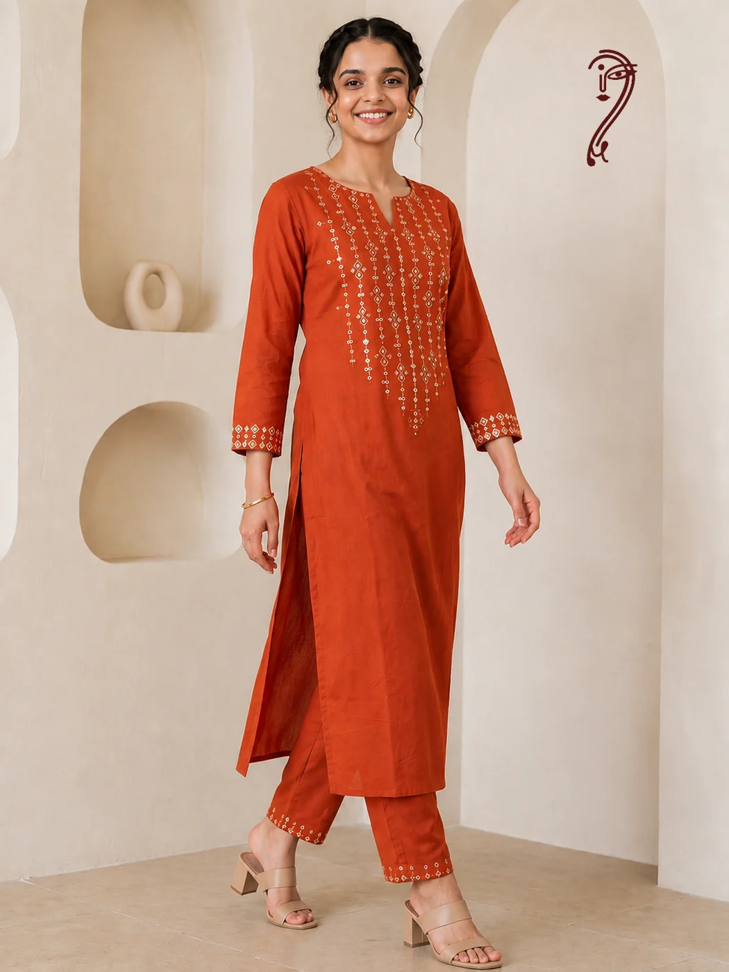 Woman wearing rust orange embroidered kurta pant set, front view