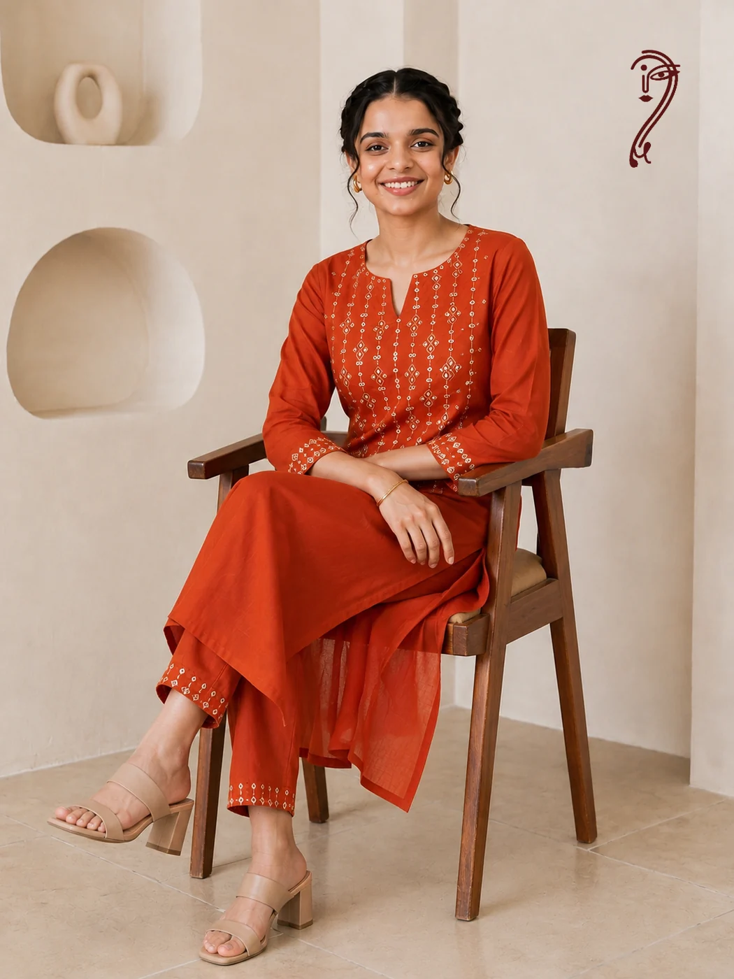 Rust orange kurta set styled seated, embroidered pant hem detail